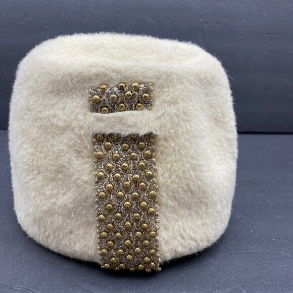 Vtg Ann Marie‎ Hat Cream Tall Cossack Pillbox Beaded Accent USA Union Made 60s - Picture 1 of 11